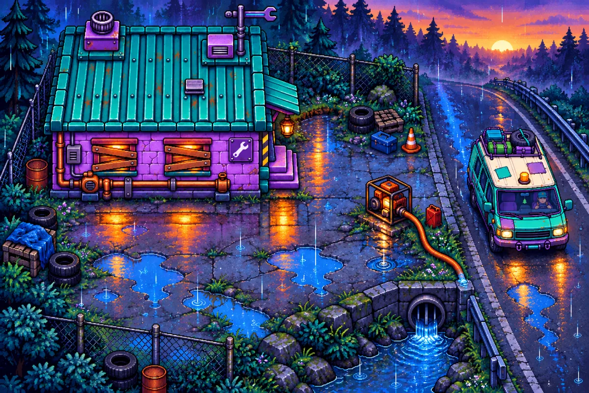 Pixel-art scene: a lit workshop by a flooded road at dusk, with a rescue van on the way